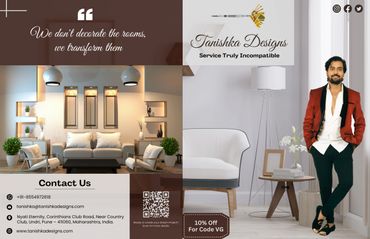 Interior designer promoting Tanishka Designs with contact info and 10% off offer.