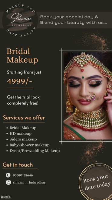 Elegant bridal makeup services starting at 4999 with a free trial look.