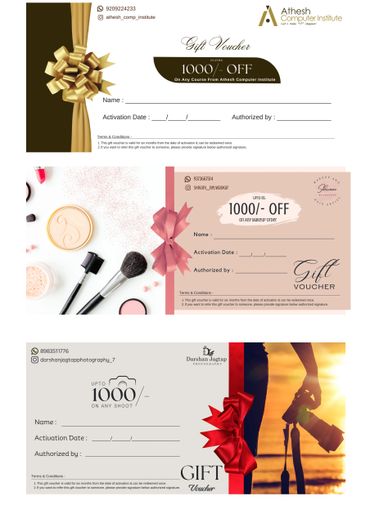 Three gift vouchers offering discounts on courses, makeup, and photography services.