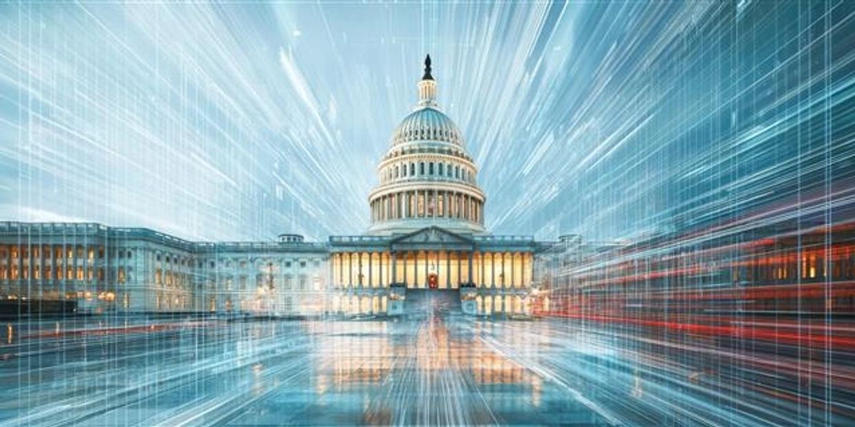 The U.S. Capitol with digital light streaks symbolizing technology and innovation.
