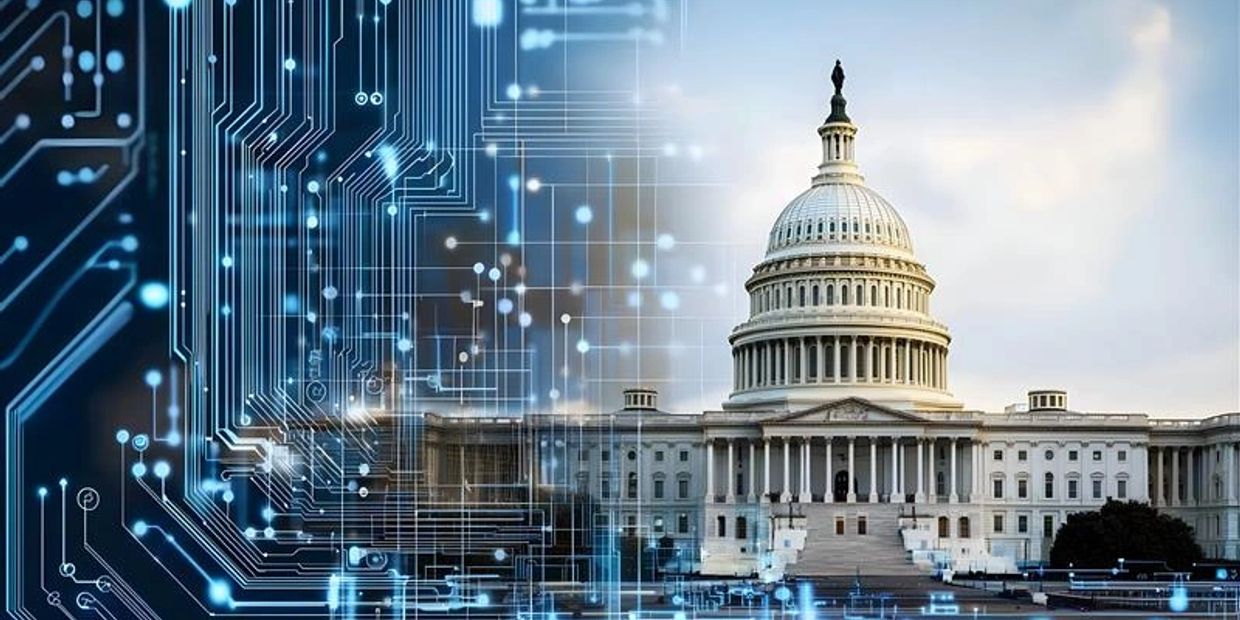 Digital circuitry blending into the U.S. Capitol building, symbolizing tech in government.