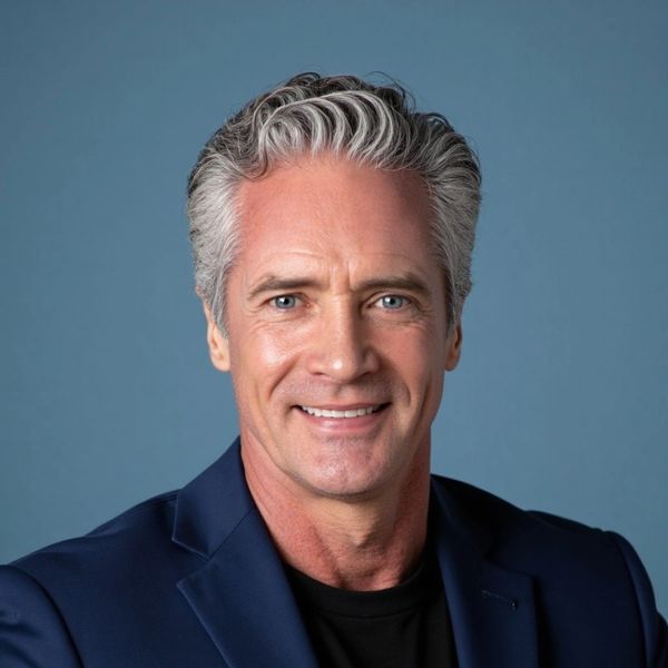 Smiling middle-aged man with gray hair in a navy blazer against a blue background.