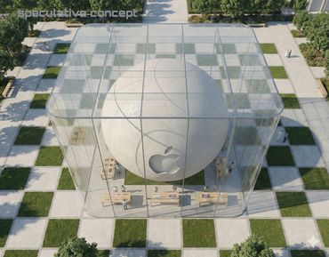 A futuristic Apple store with a giant Apple logo sphere inside a glass cube.