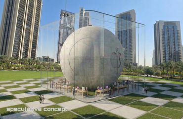 Futuristic Apple store concept with a giant spherical logo inside a glass cube.
