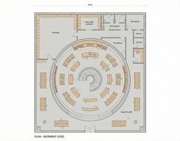 Basement level floor plan with storage, restrooms, offices, and a circular sales floor.