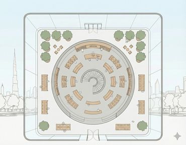Top-down floor plan of a modern Genius Bar with circular desk and seating arrangements.