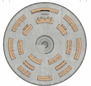 Top-down view of a circular workspace with curved desks and a central spiral staircase.