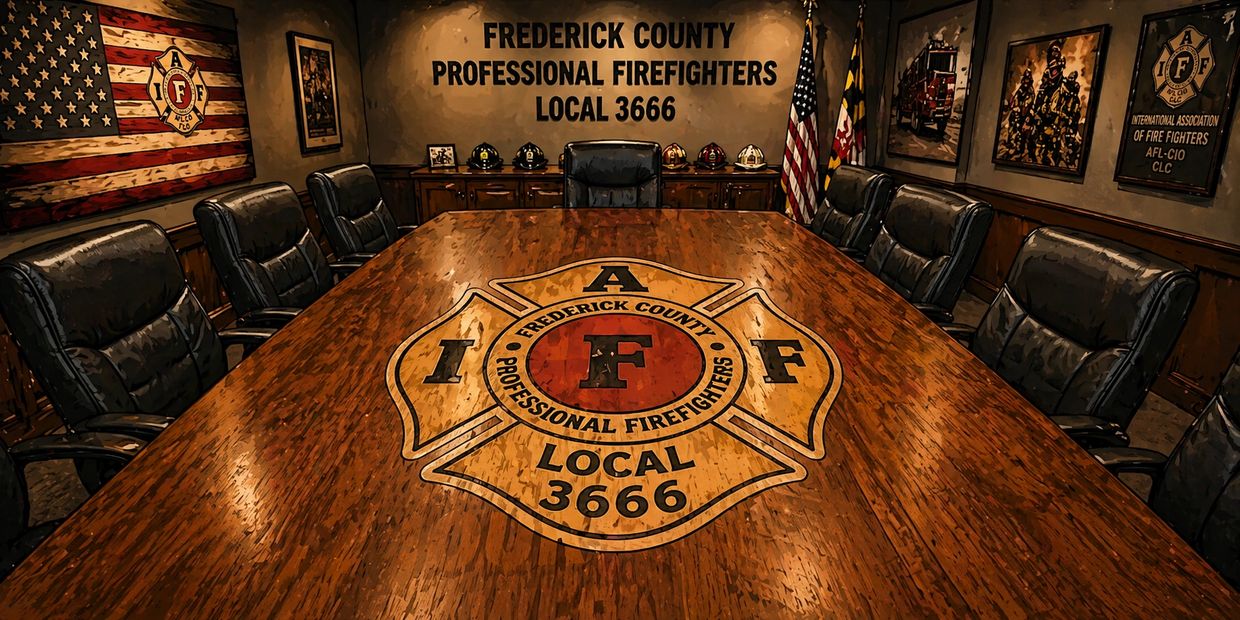 Conference room for Frederick County Professional Firefighters Local 3666 with emblem on table.