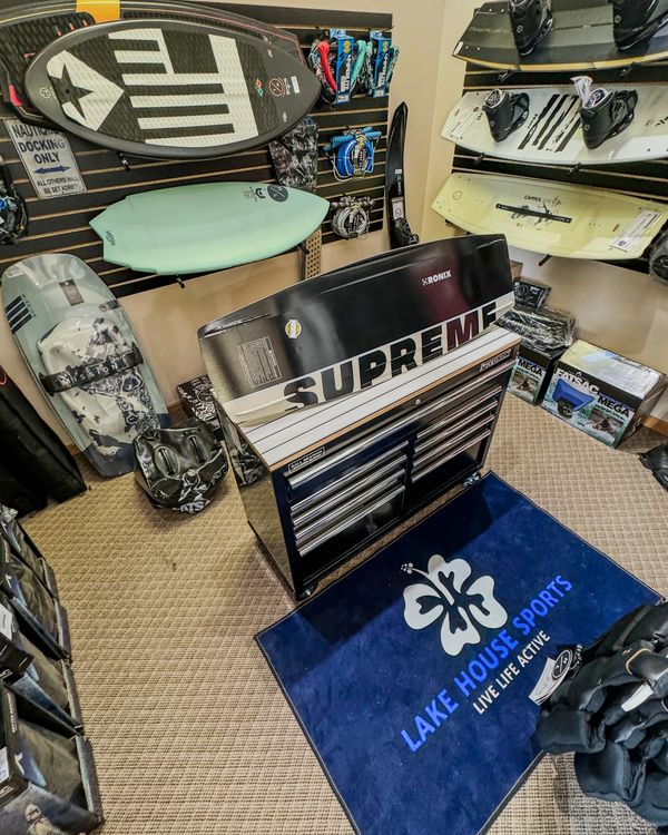 Water Sports Pro Shop / Show Room with wakeboards, water skis, wake surf boards of Hyperlite / Ronix