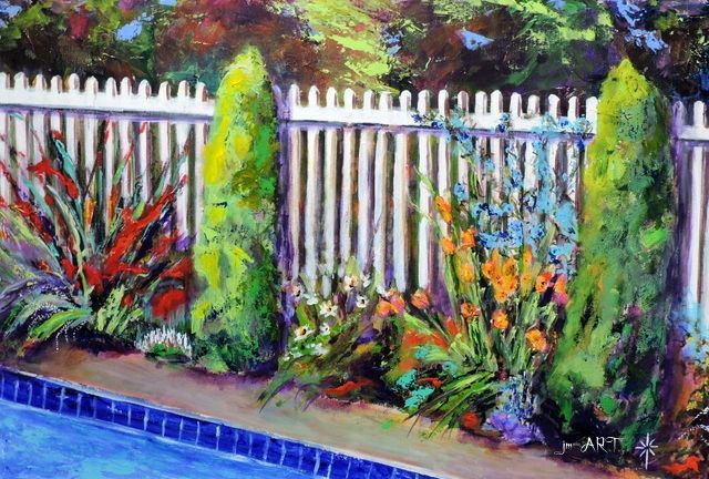 fence, pool, flowers, border garden, summer