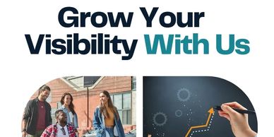 grow your visibility with us. young adults one using a wheelchair. arrow point up for growth