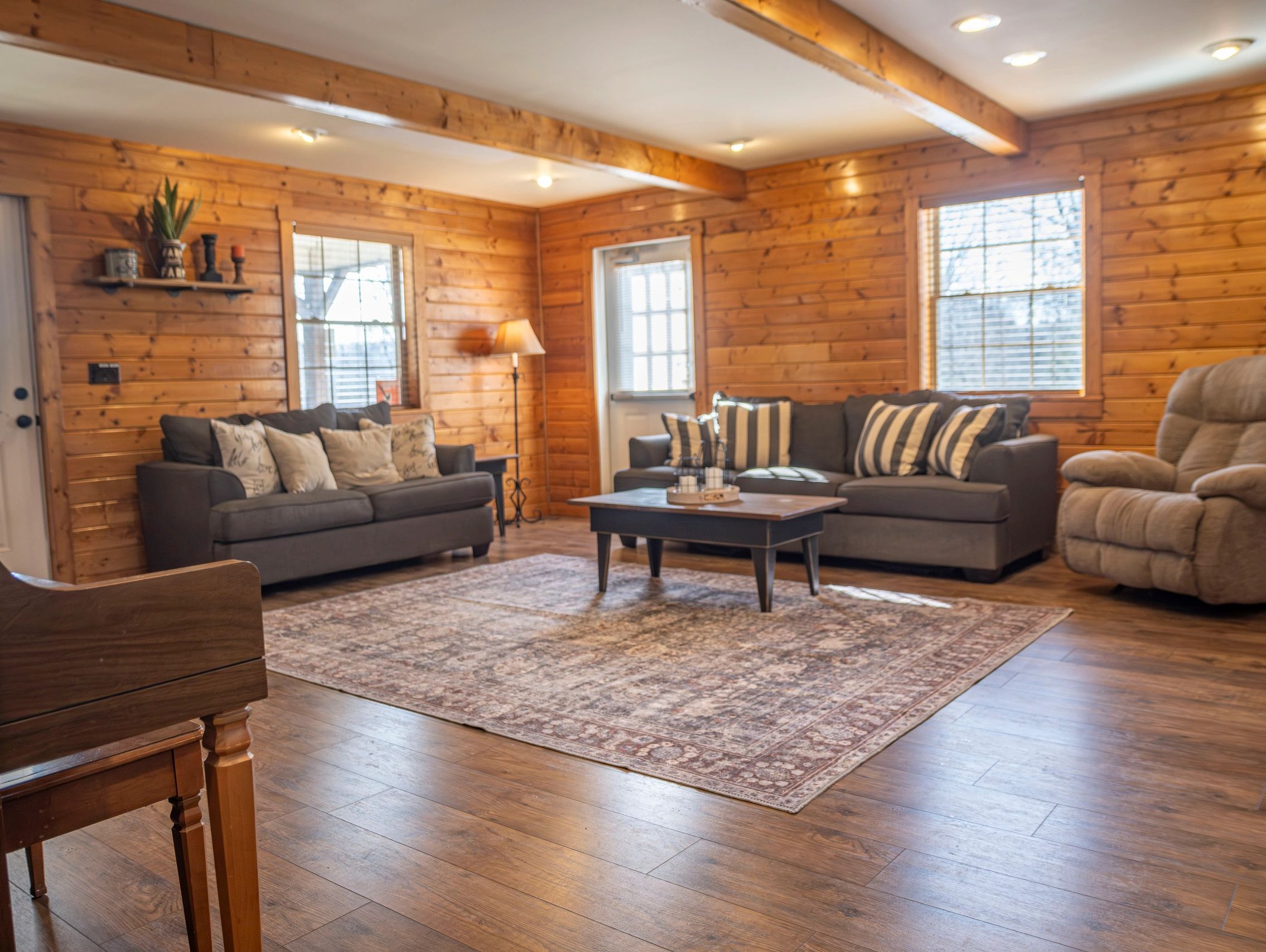 spacious living room with smart tv