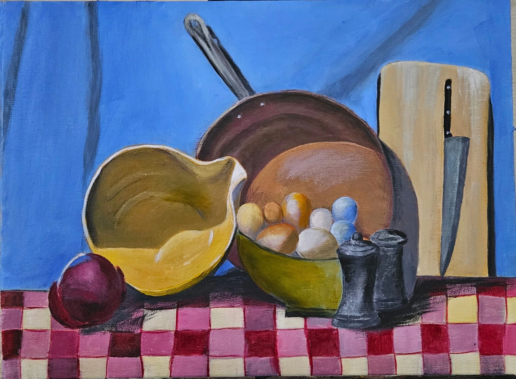 Still life painting with kitchen objects and fruit.