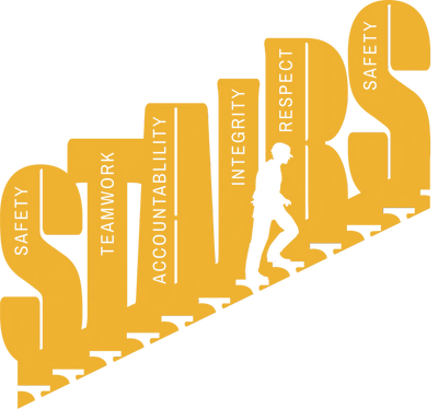 Silhouette climbing stairs shaped like words: Safety, Teamwork, Accountability, Integrity, Respect.