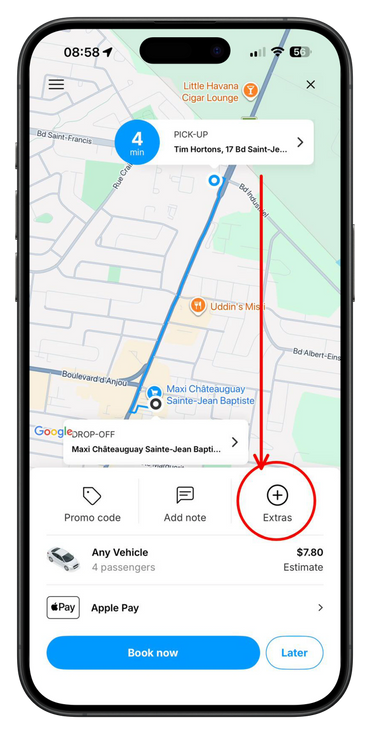 Ride-booking app interface showing route, fare, and payment options.