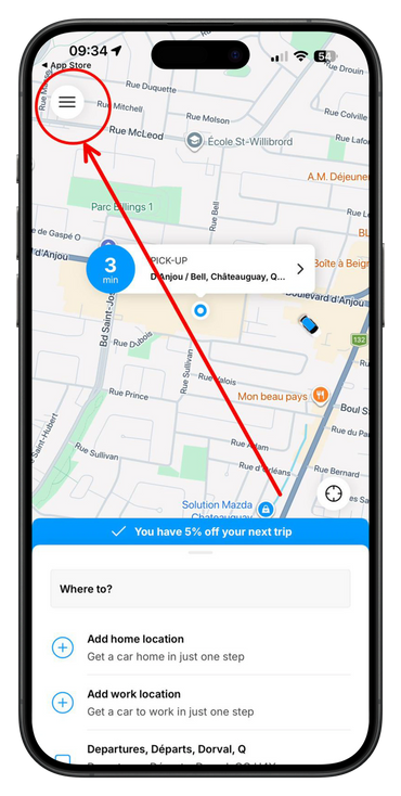 Map app on phone showing nearby locations and a menu button highlighted.