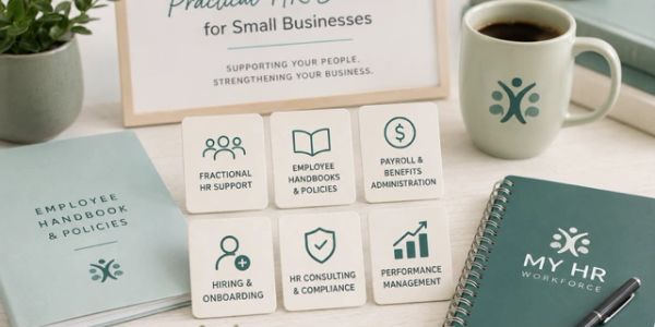 HR solutions guide and materials with coffee.
