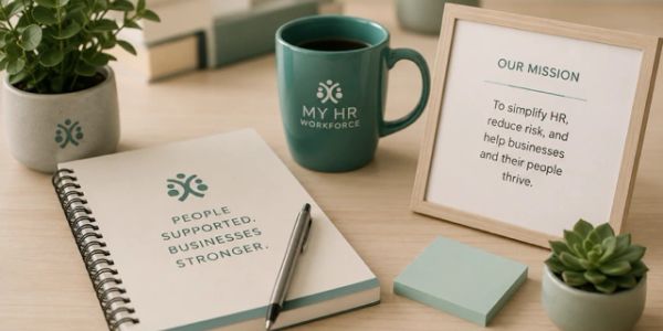 Desk setup with HR branding and mission statement.