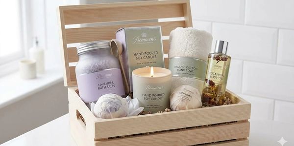 A wooden gift basket with bath salts, candles, towel, and body gel.