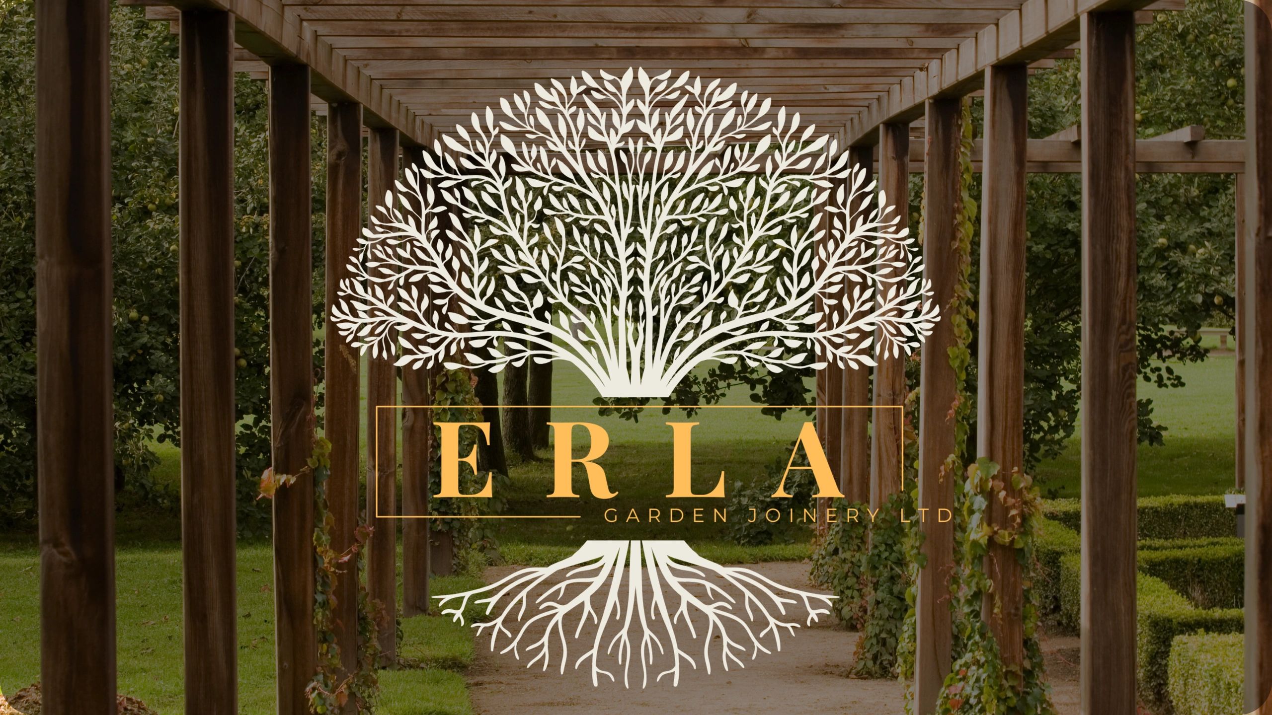 Erla Garden Joinery Ltd logo with a garden path and pergola background.