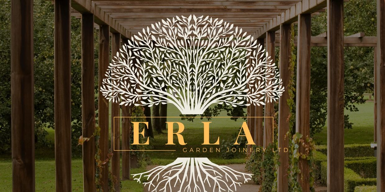 Erla Garden Joinery Ltd company logo over a picture of a timber-covered walkway