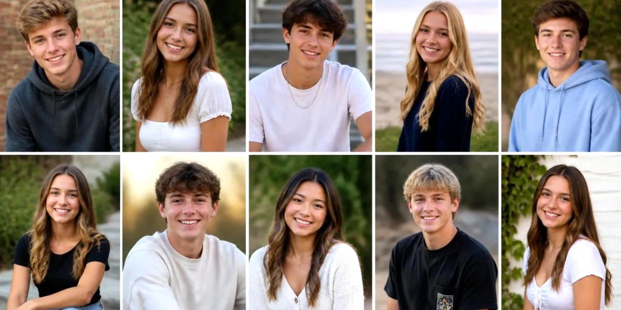 Collage of ten smiling young individuals posing outdoors.