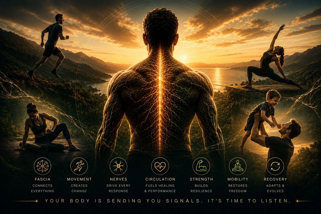 Illustration of a muscular back with health concepts and active people at sunset.
