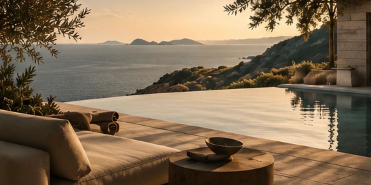 Sunset view by an infinity pool overlooking the sea.