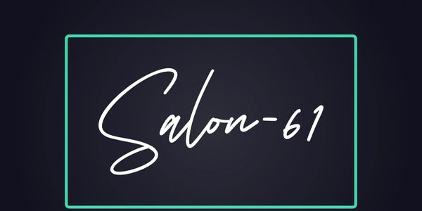 Elegant logo for Salon-61 with stylish script inside a glowing rectangle.