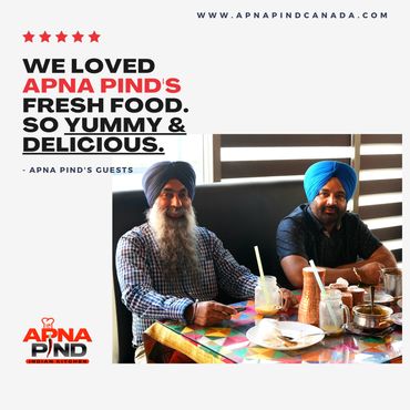 Two men enjoy a meal at Apna Pind Indian Kitchen, praising its fresh and delicious food.
