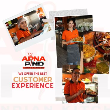 Smiling staff serve delicious Indian dishes at Apna Pind Indian Kitchen.
