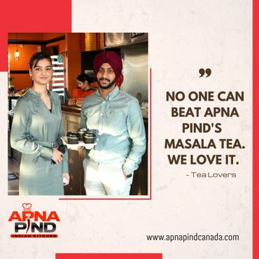Two people holding masala tea cups promoting Apna Pind's special tea.