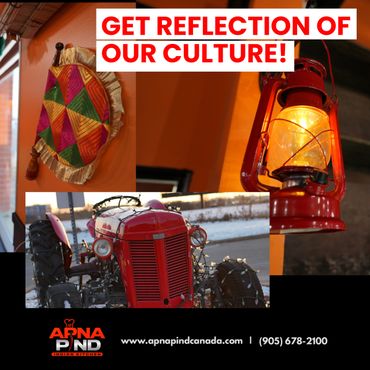 Colorful Indian cultural decor and a tractor with lights celebrate tradition.