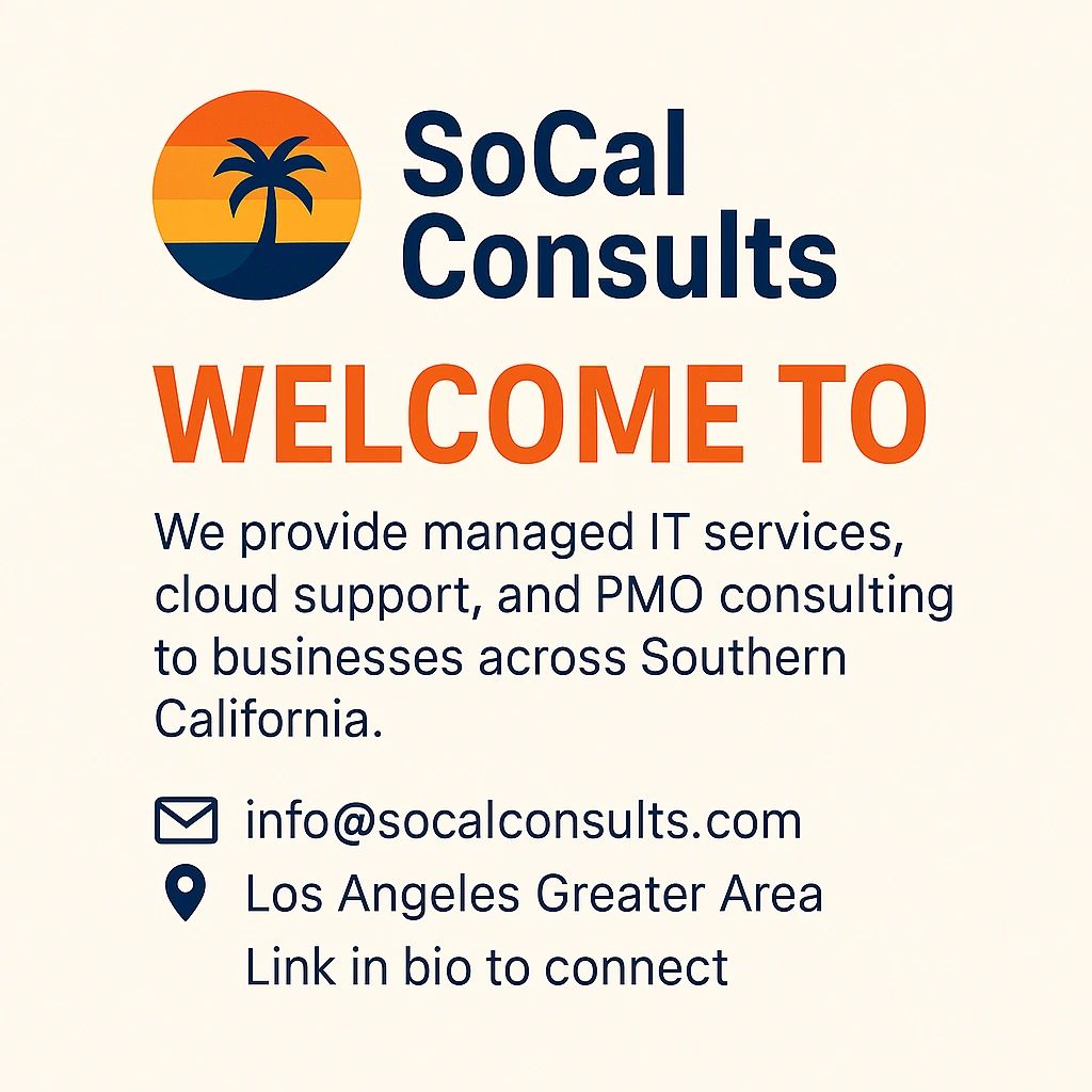 A digital welcome card from SoCalConsults featuring a sunset-themed logo with a palm tree.