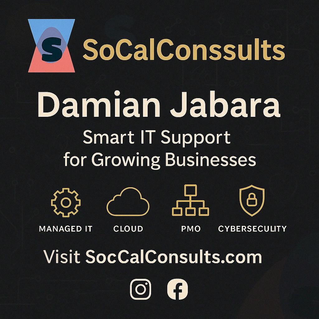SoCalConsults graphic featuring Damian Jabara and core services: Managed IT, Cloud, PMO, and Cyberse