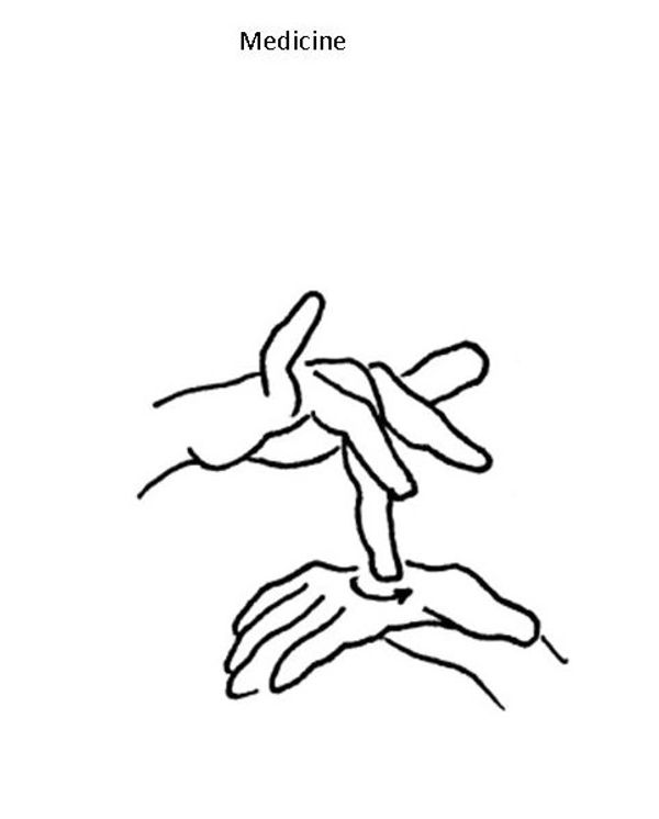 hands showing ASL sign for medicine