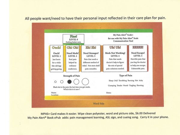 My Pain Alert Scale word side includes 5 levels of pain with feeling better level above 2 and 3.