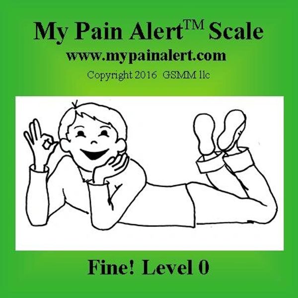 Level 0 "hurt boy" showing Fine! Feeling Better! level of My Pain Alert(R) Scale with web address.