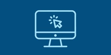 Blue computer icon with a clicking cursor on a dark blue background.