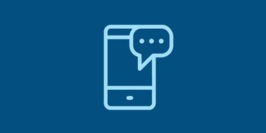 Icon of a smartphone with a chat bubble on a blue background.