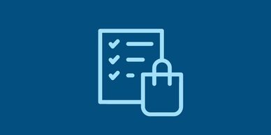 Checklist with a shopping bag icon on blue background.