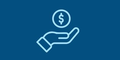 Icon of a hand holding a dollar sign symbol on blue background.