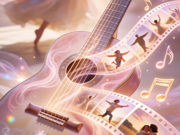 A guitar with musical notes and dancing figures emerging like film strips.