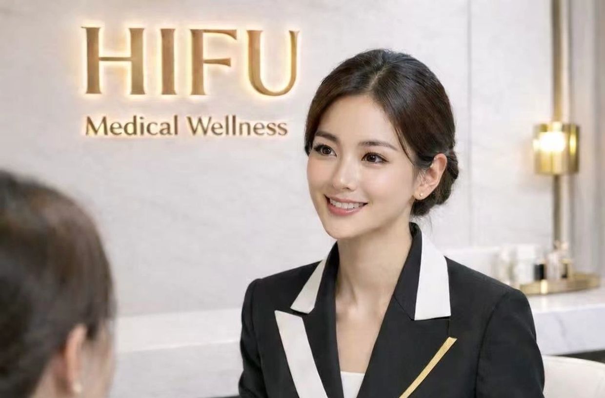 A smiling medical wellness consultant in a sleek black and white uniform.
