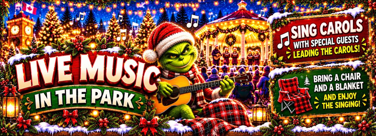 Grinch in Santa hat playing guitar at festive outdoor carol event.
