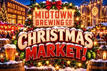 Festive Midtown Brewing Co. Christmas Market with lights and decorations.