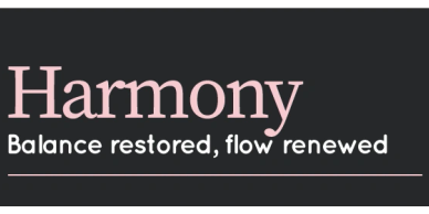 Text reading 'Harmony Balance restored, flow renewed' on a dark background.