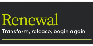 Text saying 'Renewal: Transform, release, begin again' on a dark background.