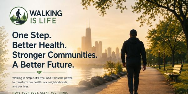 A person walking on a scenic path promoting health and community through walking.