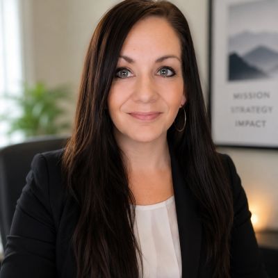 Confident professional woman with long dark hair in an office.